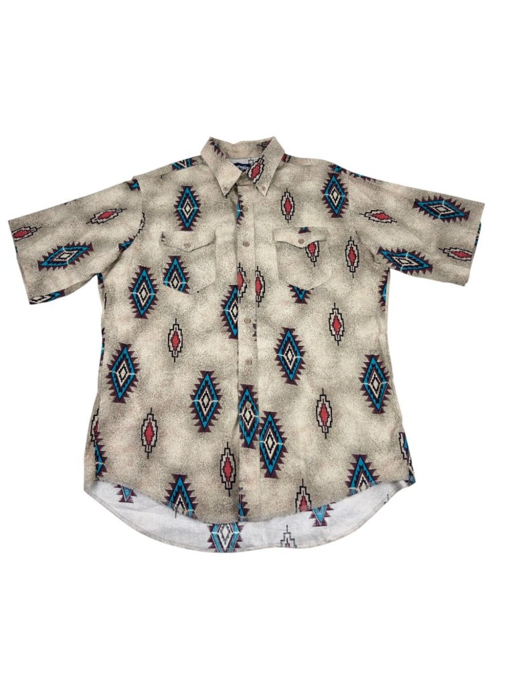 VTG Wrangler Western Aztec Cowboy Cut Short Sleeve Shirt Size 17 X-Long Tails